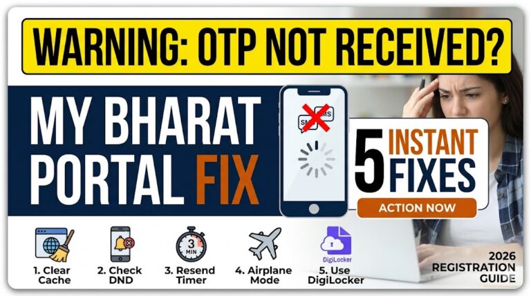Infographic showing 5 instant fixes for MY Bharat portal OTP not received, including clearing cache and checking DND settings.