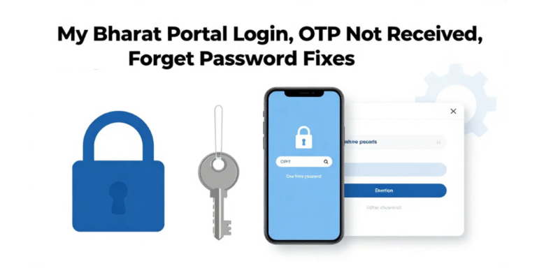 My Bharat Portal Login Issues: OTP Not Received, Forgot Password Fixes - Feature Image with Lock, Key, Phone, and Gear.