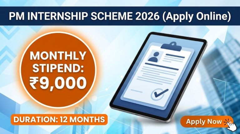 Infographic for PM Internship Scheme 2026 showing a monthly stipend of ₹9,000, 12-month duration, and a 'Apply Now' button with a digital application form.
