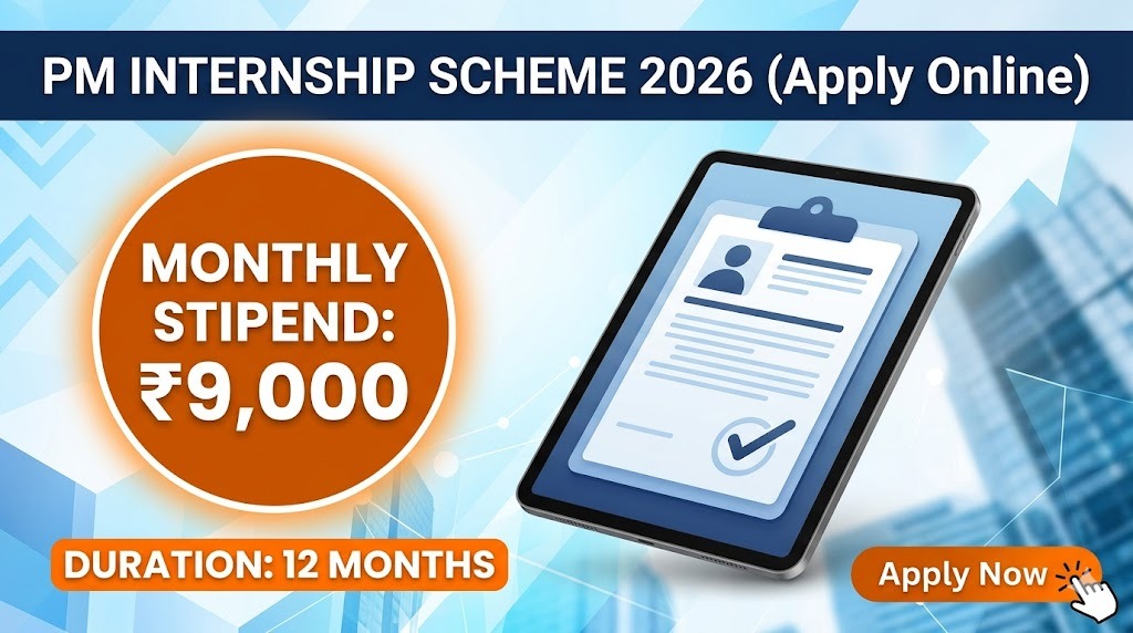 Infographic for PM Internship Scheme 2026 showing a monthly stipend of ₹9,000, 12-month duration, and a 'Apply Now' button with a digital application form.